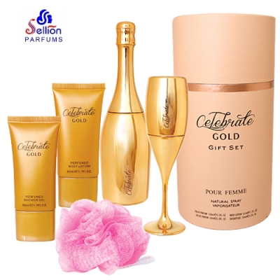 Sellion Celebrate Gold - Set Pour Femme, Eau de Parfum 100 ml, Eau de Parfum 30 ml, Lait Corporel [body lotion] 50 ml, Gel Douche 50 ml