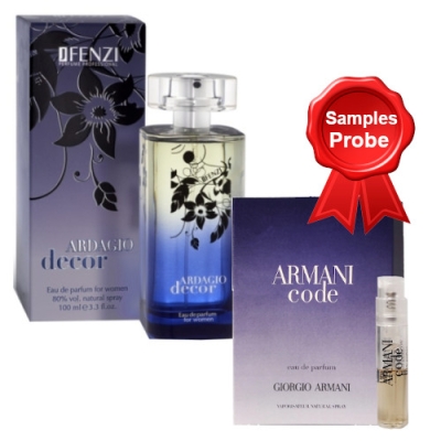 JFenzi Ardagio Decor Women - Eau de Parfum Pour Femme 100 ml, echantillon Armani Code Woman EDP 1,2 ml